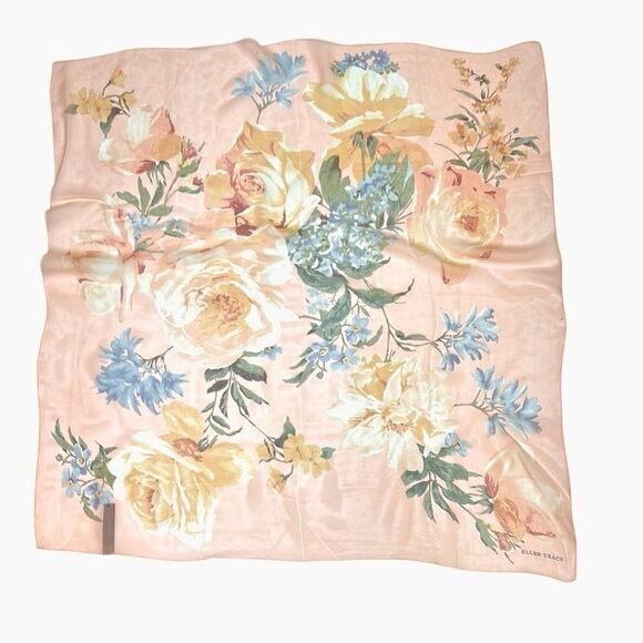 Ellen Tracy Silk Square Scarf Peach Roses Floral Print Lightweight Chiffon - Picture 2 of 10